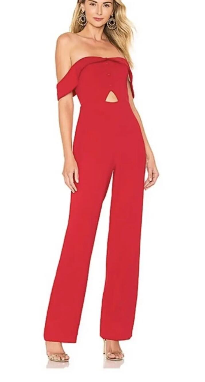 NWT L'Acadamie Red Cutout Jumpsuit  Small Off Shoulder Wide Leg